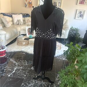 Chic Black Fringe Dress with Pearl Details
